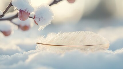 Wall Mural -   A white feather sits on a tree's branch, amidst snow-covered branches