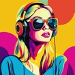© Vadym - Young woman enjoys music with headphones, sunglasses. Colorful retro pop art style illustration. Vibrant colors, vintage vibes. Pretty lady listens to music. Stylish female portrait. Modern art piece.