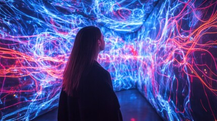 Poster - Woman in Immersive Neon Light Art Installation with Vibrant Blue and Red Patterns