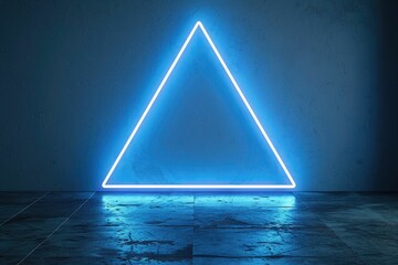 Wall Mural - A bright blue neon triangle illuminates a dark  textured wall and reflective floor.