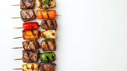 Aufkleber - Colorful skewers of grilled meats and vegetables are neatly arranged on a clean, white background, showcasing vibrant colors. Generative AI