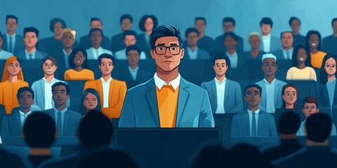 Poster - A man stands in front of a crowd of people, giving a speech. Concept of authority and importance, as the man is dressed in a suit and tie and he is addressing a large audience