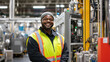 © Maciej Koba - Factory worker smiling in an industrial setting, vibrant and welcoming.