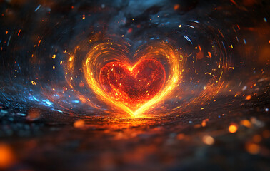 Poster - Heart of fire glows in dark ambiance with swirling sparks and glowing embers at night