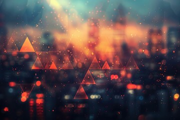 Wall Mural - Abstract cityscape at night with glowing triangles and bokeh lights.