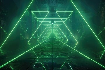 Wall Mural - Futuristic neon lit corridor with geometric patterns on wet floor.