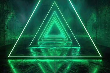 Wall Mural - A futuristic green neon triangle hallway  glowing brightly on a dark  reflective floor.