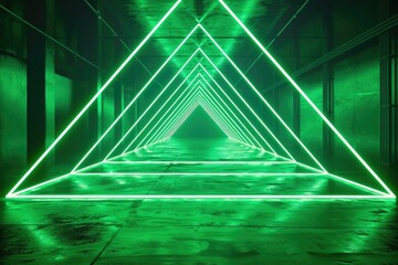 Wall Mural - Green neon lights form a triangular tunnel in a dark  industrial setting.