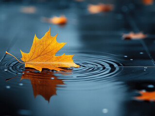 Sticker - Golden maple leaf reflected on dark rippled water under soft light, forming a striking and dramatic abstract nature design.