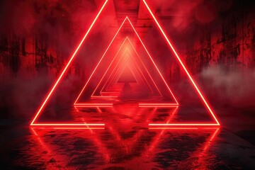 Wall Mural - Red neon triangles create an infinite tunnel in a dark  smoky  grunge setting.