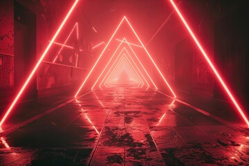 Wall Mural - Red neon triangles illuminate a wet  dark corridor creating a futuristic  mysterious atmosphere.