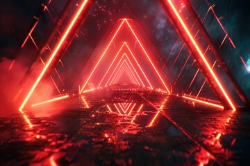 Wall Mural - A futuristic red neon tunnel with triangular structures reflecting on a wet  dark surface.