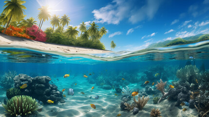 Wall Mural - tropical beach with palm trees, white sand and clear blue water with colorful coral reef and fish un