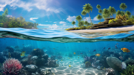 Wall Mural - tropical beach with palm trees, white sand and clear blue water with colorful coral reef and fish un