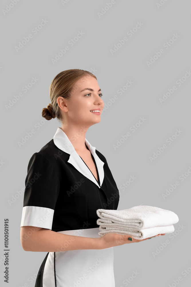 Young housemaid with clean towels on light background