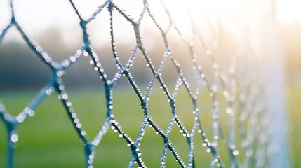 A close-up of a soccer net with dewdrops on the mesh, outdoor setting with early morning light, Natural style