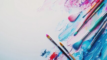Poster - art supplies are arranged in a flat lay, showcasing colorful brushes, paints, and blank paper ready 