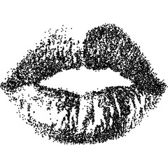 Fototapete - Lipstick kiss imprint with halftone stipple effect for grunge punk y2k collage design. Vintage photocopy style vector illustration. Grainy textured element in noisy gradation dotwork
