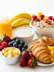 Poster - Enjoy a wholesome breakfast with beautifully arranged porridge, yogurt, fresh fruits, and a croissant to kickstart your day!. Generative AI