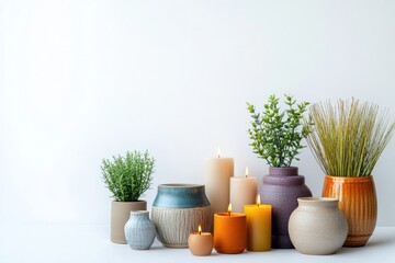 Poster - This setup showcases a variety of home decor items including colorful vases, lit candles, and small potted plants, enhancing living spaces. Generative AI
