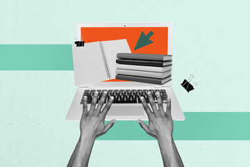 Aufkleber - Sketch image trend artwork montage 3D photo collage of two hand hold student press keypad laptop pile book education document point