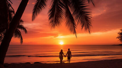 Wall Mural - silhouetted people and palms near sea. sunset at tropical white beach, boracay island, philippines. 