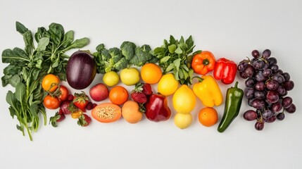 Aufkleber - A vibrant mix of fresh fruits and vegetables is elegantly displayed against a white background, showcasing their colors and health benefits. Generative AI