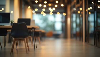 Poster - Contemporary Open Concept Business Office Interior With Blurred Bokeh Light And Green Design Theme. Featuring Tables, Chairs, And Computers. Ample Copy Space Available.