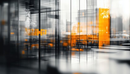 Poster - Stunning Blurred View Of A Contemporary Office Interior In Gray Tones With Floor-To-Ceiling Windows, Glass Dividers, And Pop Of Orange Accents.