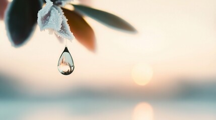 Wall Mural - a high-resolution image of a droplet of water dangling from a tree limb, with a fuzzy backdrop depic