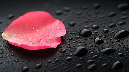 Wall Mural - a pink flower resting atop a black surface, with droplets of water dotted on both the surface and pe