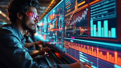 Poster - Young man interacts with an advanced data visualization display in a modern workspace