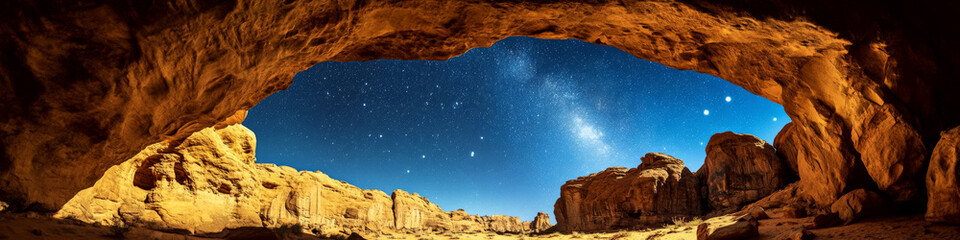 rocky cave opening frames a starry night sky with a bright milky way. concept of nature and astronom