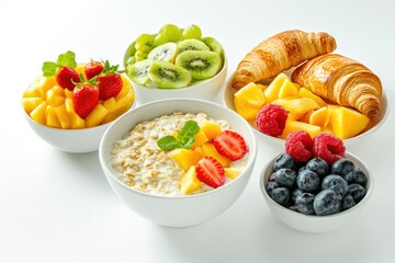 Aufkleber - Morning meal highlights include creamy porridge with fruits, vibrant berries, and flaky croissants elegantly arranged for enjoyment. Generative AI