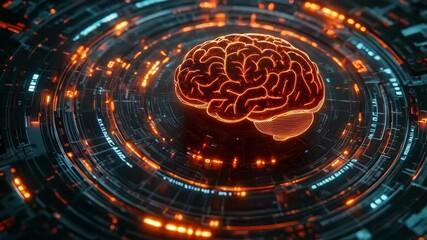 Poster - Brain on future circuit board. Artificial intelligence, AI and deep learning. Futuristic digital technology innovation. IT industry concept. Tech 3D background animation. Computer chip