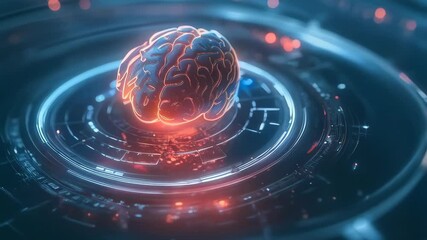 Poster - Brain on future circuit board. Artificial intelligence, AI and deep learning. Futuristic digital technology innovation. IT industry concept. Tech 3D background animation. Computer chip