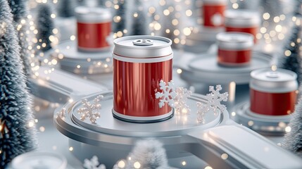 Poster - Interior of a cutting-edge production facility displays rows of red canned beer moving efficiently along a conveyor belt under bright lighting