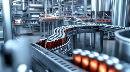 Poster - Interior of a cutting-edge production facility displays rows of red canned beer moving efficiently along a conveyor belt under bright lighting