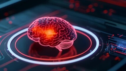 Poster - Brain on future circuit board. Artificial intelligence, AI and deep learning. Futuristic digital technology innovation. IT industry concept. Tech 3D background animation. Computer chip