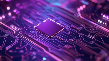 Poster - Future circuit board with glowing neon elements. Artificial intelligence and Ai concept. IT industry, digital technology. Tech 3D background animation. Computer motherboard. Futuristic chip design