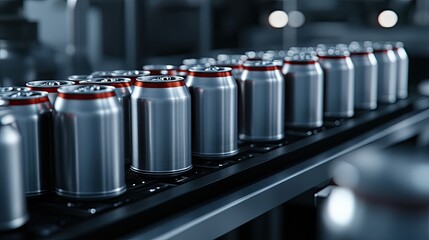 Poster - Interior of a cutting-edge production facility displays rows of red canned beer moving efficiently along a conveyor belt under bright lighting
