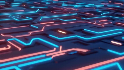 Poster - Future circuit board with glowing neon elements. Artificial intelligence and Ai concept. IT industry, digital technology. Tech 3D background animation. Computer motherboard. Futuristic chip design