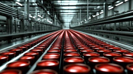 Poster - Interior of a cutting-edge production facility displays rows of red canned beer moving efficiently along a conveyor belt under bright lighting