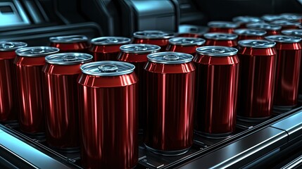 Poster - Interior of a cutting-edge production facility displays rows of red canned beer moving efficiently along a conveyor belt under bright lighting