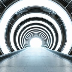 Poster - Empty futuristic corridor with concrete floor leading to bright light at end of tunnel