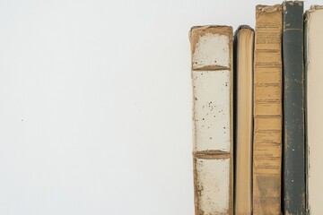 Poster - Various books displaying different genres are neatly lined up, highlighting their unique covers and bindings against a plain white backdrop. Generative AI