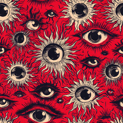 Wall Mural - An illustration of an occult pattern with eyes, eyeballs, and suns