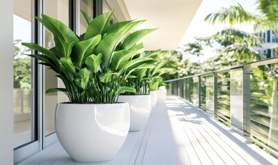 Wall Mural - Image of a bright balcony with large green plants in sleek white pots