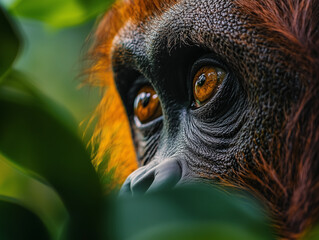 Wall Mural - Close-up view of an orangutan’s eyes surrounded by lush green foliage in a tropical forest