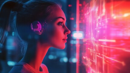 Poster - Futuristic Woman with Neon Interface Illuminating Technological Future
